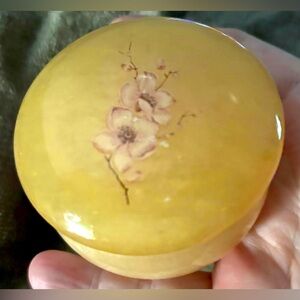 Genuine Alabaster Trinket Box With A Cherry Blossom Hand Carved Italy,Hinged Lid